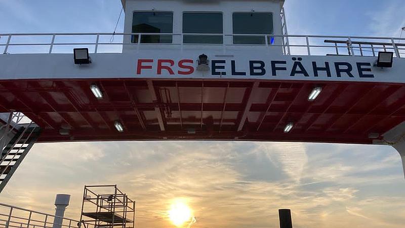 A bridge of one of the FRS Elbfähre's ferries in the sunset 