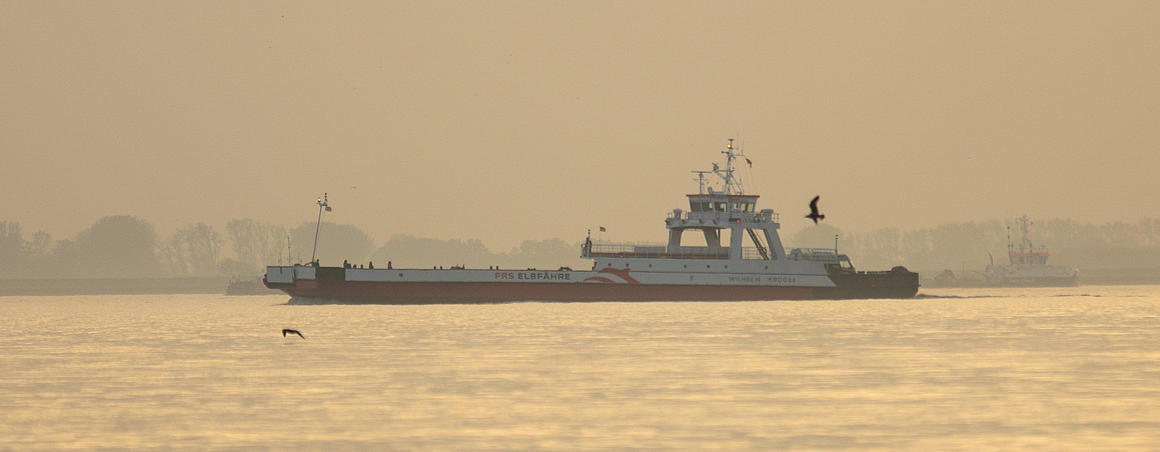 Die "Wilhelm Kroos" im Sonnenuntergang.